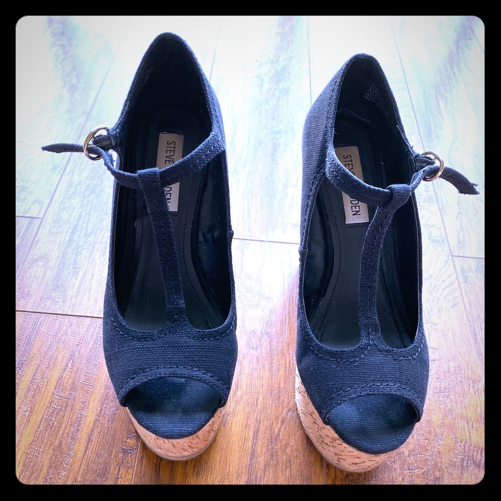 Black t strap peep toe wedge